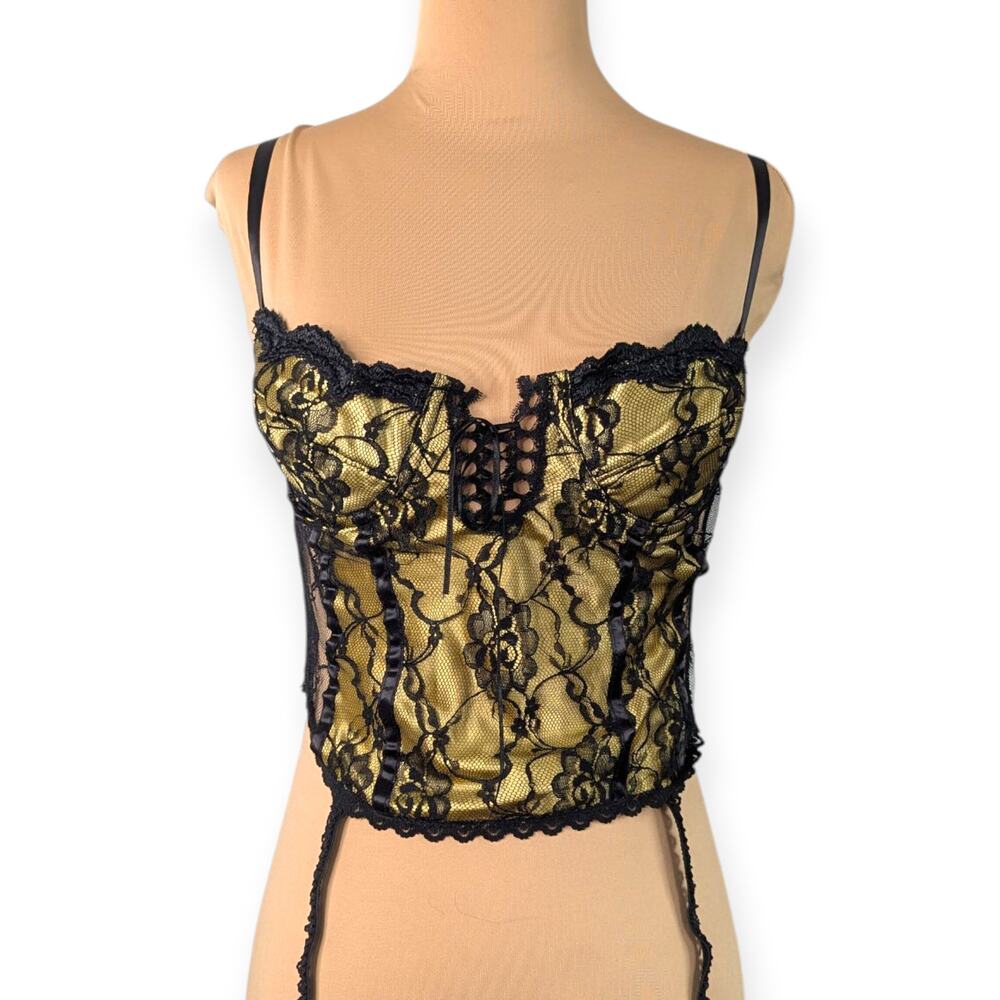 90s Black Gold Lace Bustier with Garters by Juliara